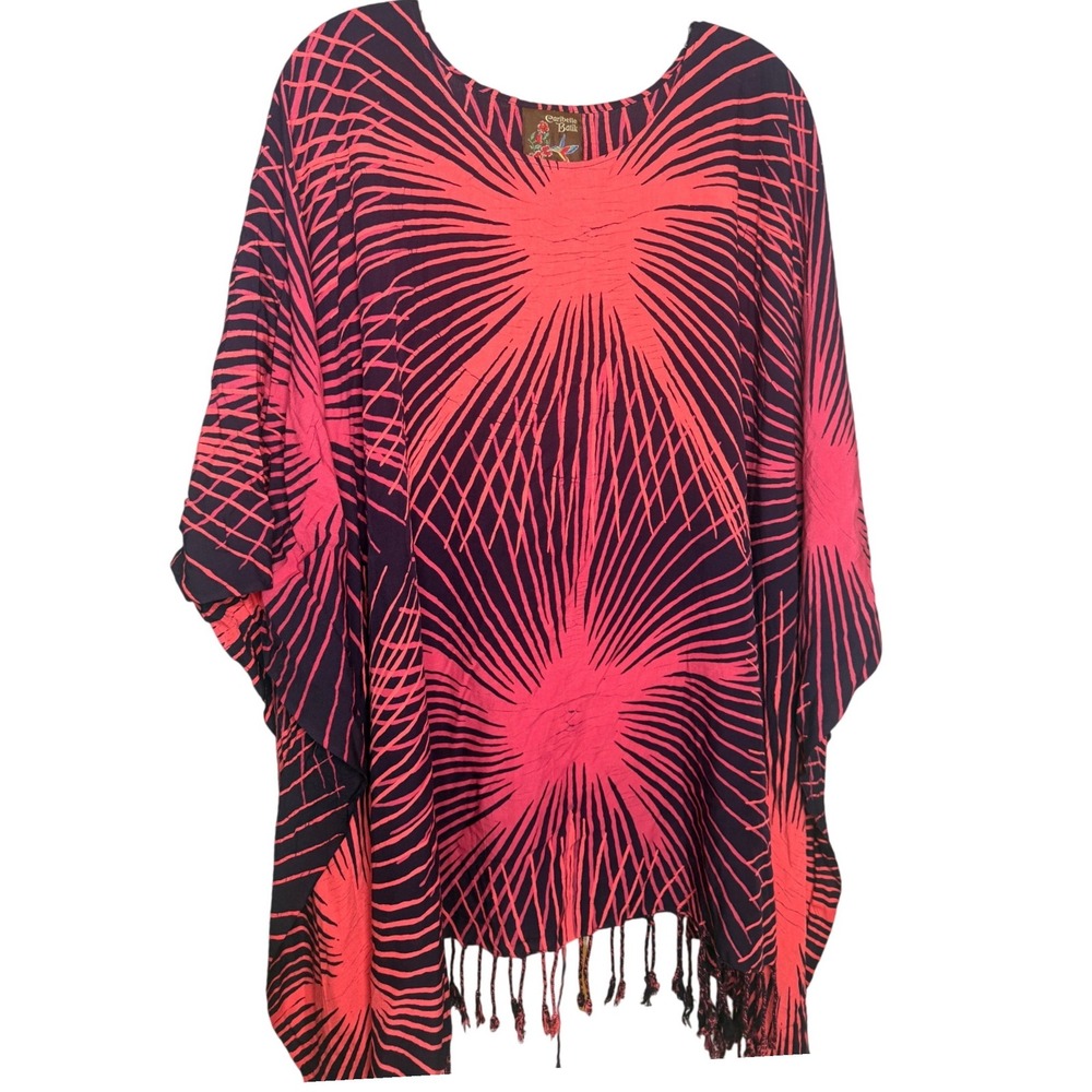 Caribelle Batik Kaftan Top Womens One Size Pink Navy Rayon Boho Fringe Poncho